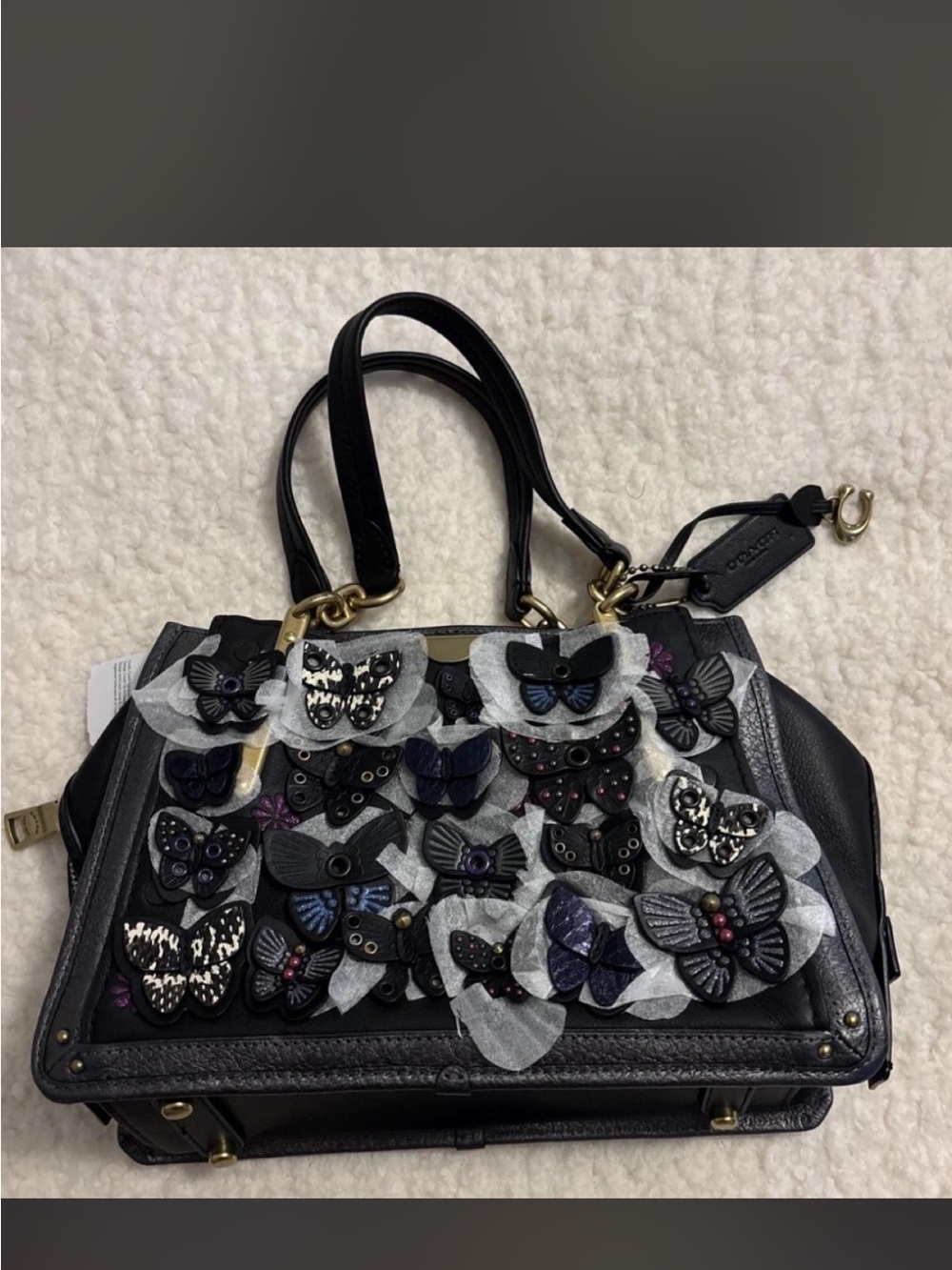 NWT Coach Dreamer Satchel Black Multi Butterfly Applique Snakeskin Handbag 72614